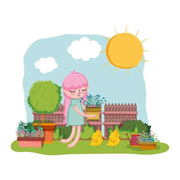 Petite fille levant plante d'intérieur avec clôture et poussin — Image vectorielle