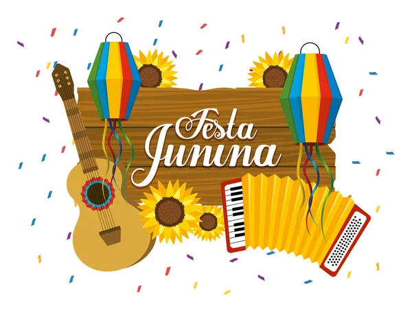 Emblema de madeira com guitarra e acordeão para fasta junina —  Vetores de Stock