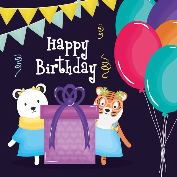 Cartão de aniversário feliz com urso polar e tigre — Vetor de Stock