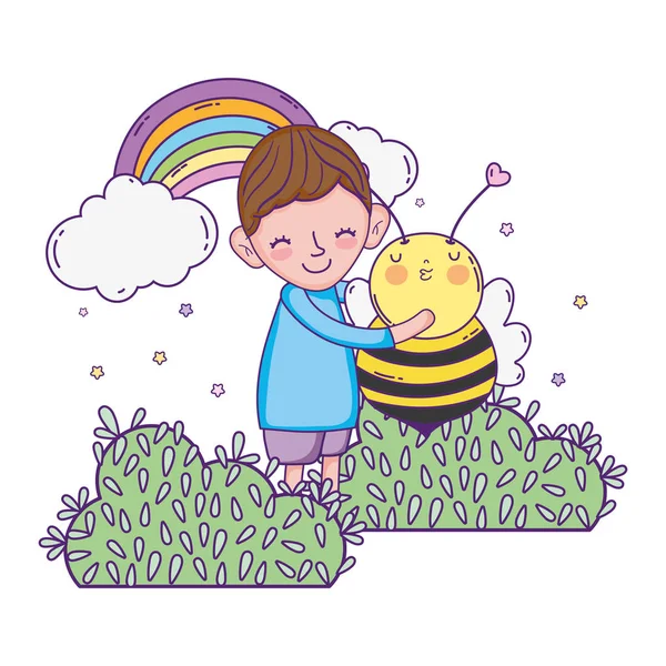 Little boy with bee kawaii character — Stock Vector