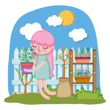 çit ve raf ile houseplant kaldırma küçük kız
