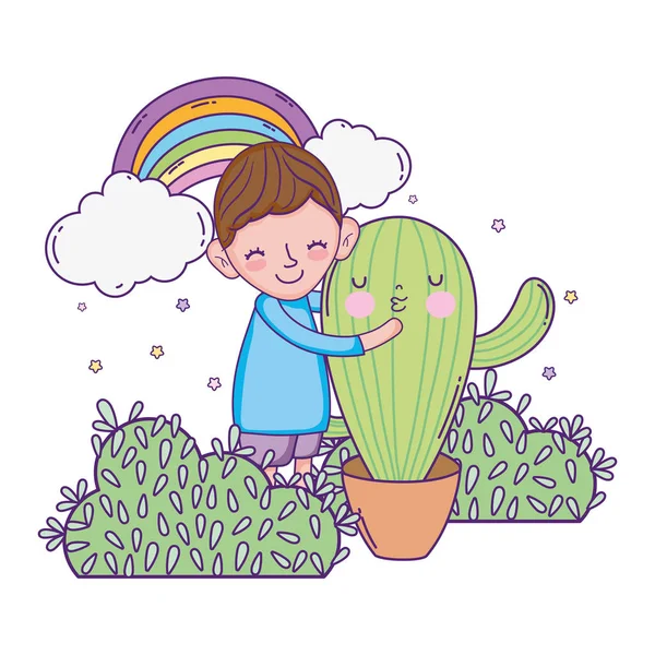 Kleiner Junge mit Kaktus-Kawaii-Charakter — Stockvektor