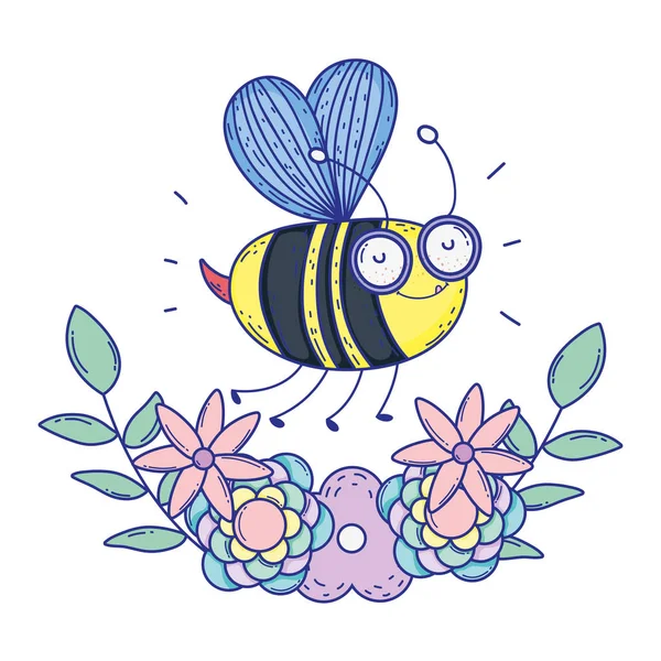 Beautiful bee flying with floral crown — Stock Vector