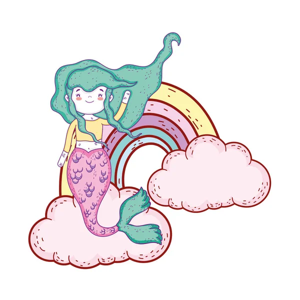 Cute mermaid with clouds and rainbow — Stock Vector