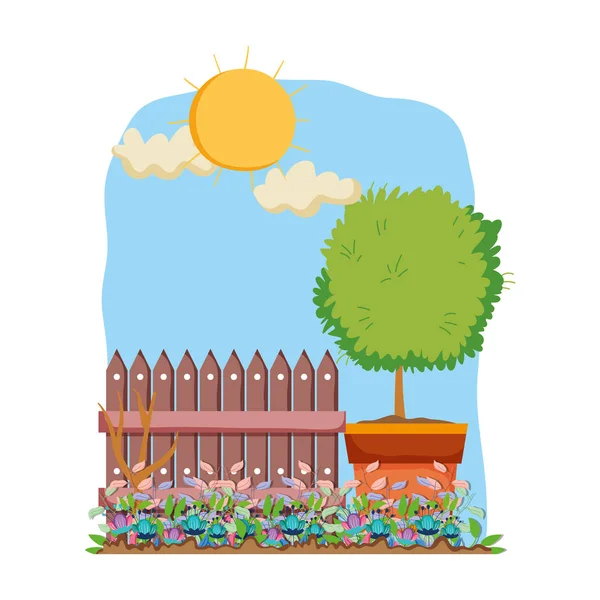 Květinové domácí zařízení s plotem v zahradě — Stockový vektor