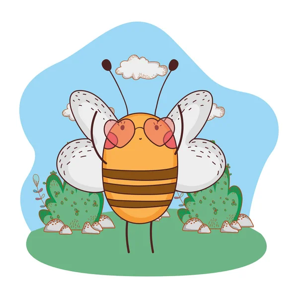 Jolie petite abeille avec des lunettes de soleil coeur dans le camp — Image vectorielle