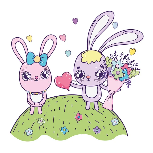 Söta kaniner par med blommor alla hjärtans dag — Stock vektor