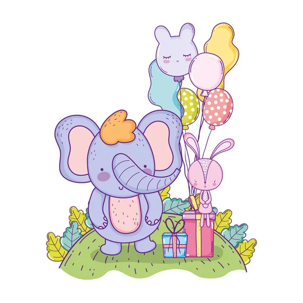 Elefante con regalos y globos helio en el campo — Vector de stock