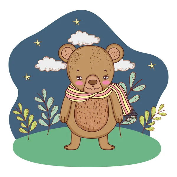 Urso pequeno bonito com cachecol no acampamento —  Vetores de Stock