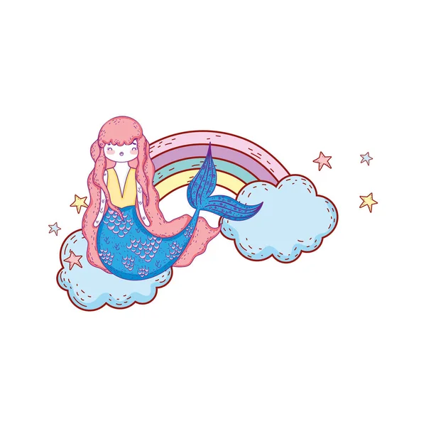 Linda sirena con nubes y arco iris — Vector de stock