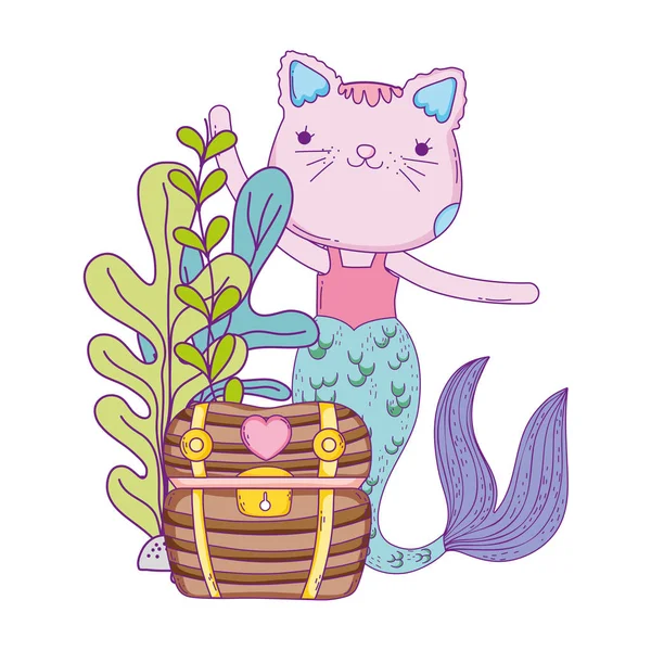 Cute purrmaid with treasure chest — Stock Vector