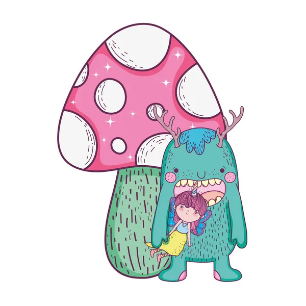 Petite fée avec monstre et champignon — Image vectorielle