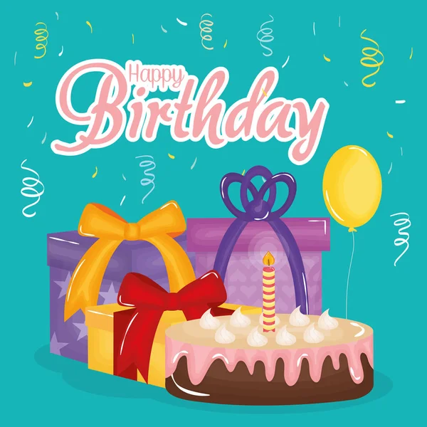 Tarjeta de cumpleaños feliz con pastel, regalos y globos de helio — Archivo Imágenes Vectoriales