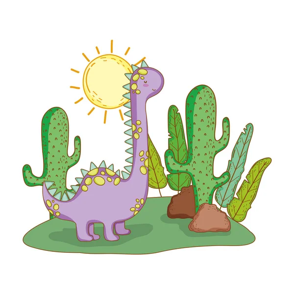 Cute apatosaurus with cactus in the landscape — Stock Vector