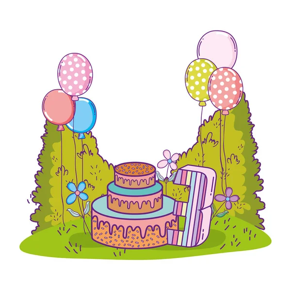 Hermoso paisaje con pastel de fiesta y globos de helio — Archivo Imágenes Vectoriales