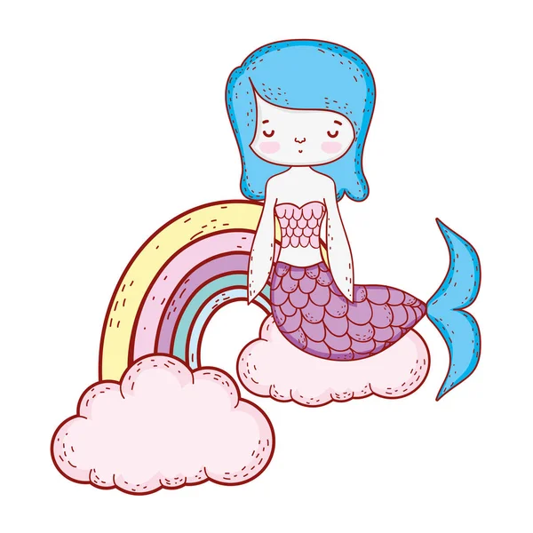 Bulutlar ve rainbow ile şirin deniz kızı — Stok Vektör