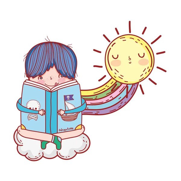 Felice bambino lettura libro con arcobaleno — Vettoriale Stock
