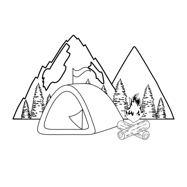 Dağlar ve kamp ateşi ile kamp çadırı — Stok Vektör