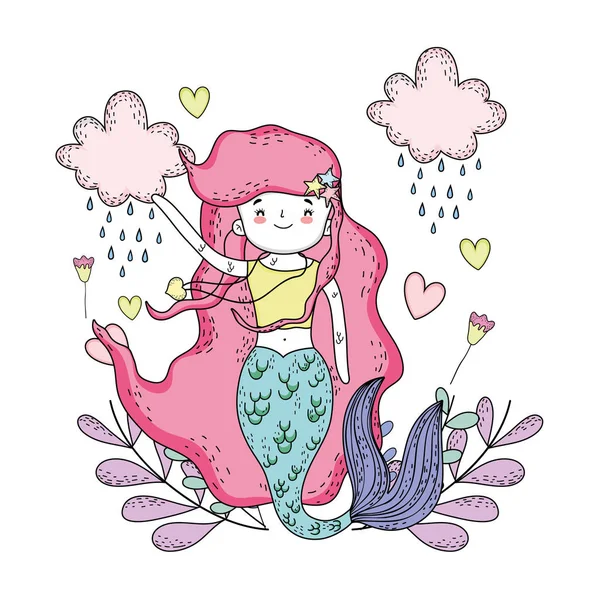 Mignonne sirène sous la mer avec algues — Image vectorielle