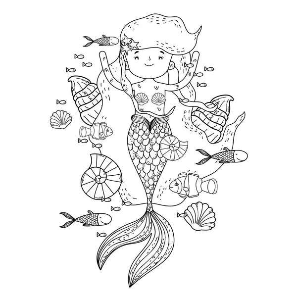 Cute mermaid under sea with seaweed — Stock Vector