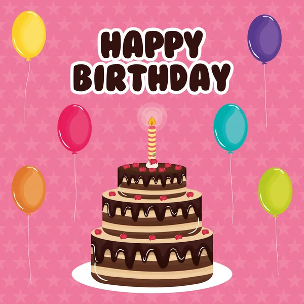 Glückwunschkarte, süße Torte und Kerze mit Luftballons Helium — Stockvektor