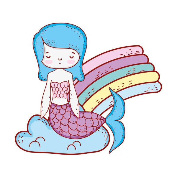 Cute mermaid with clouds and rainbow — Stock Vector