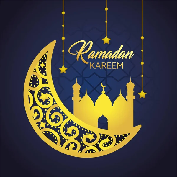 Luna con castillo y estrellas colgando de ramadán kareem — Vector de stock