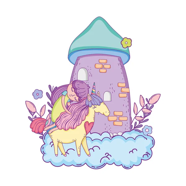 Unicorno e principessa con castello tra le nuvole — Vettoriale Stock
