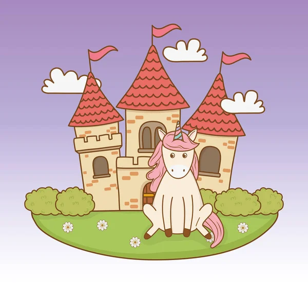 Lindo unicornio de cuento de hadas con castillo en el paisaje — Vector de stock