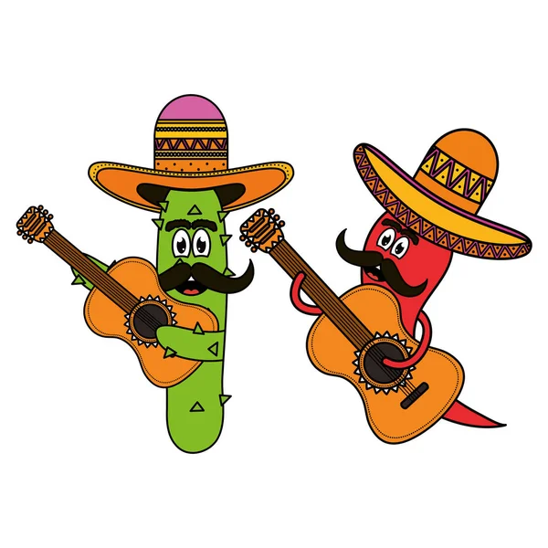 Cactus mexicanos y chile con sombreros y guitarras personajes cómicos — Archivo Imágenes Vectoriales
