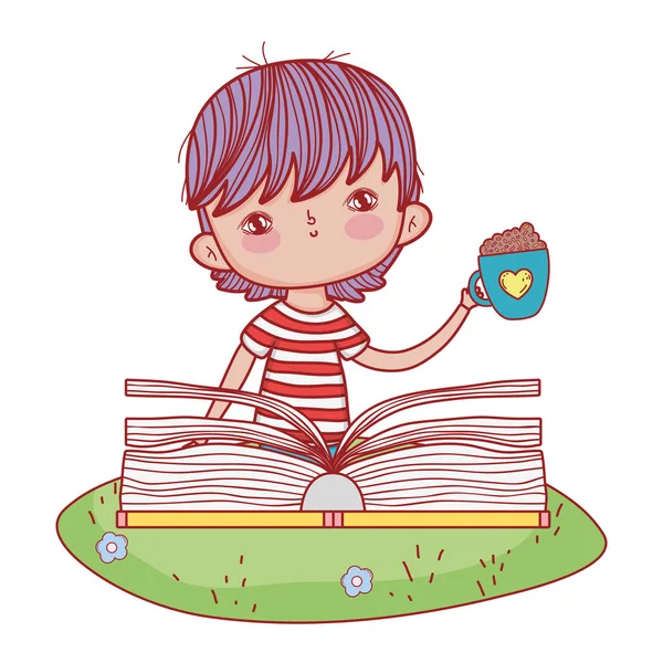 Anak kecil yang bahagia membaca buku - Stok Vektor