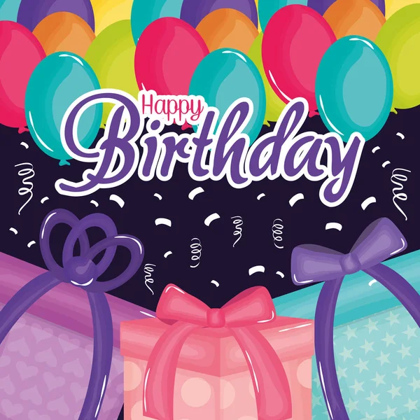 Glückwunschkarte zum Geburtstag mit Geschenken und Luftballons Helium — Stockvektor