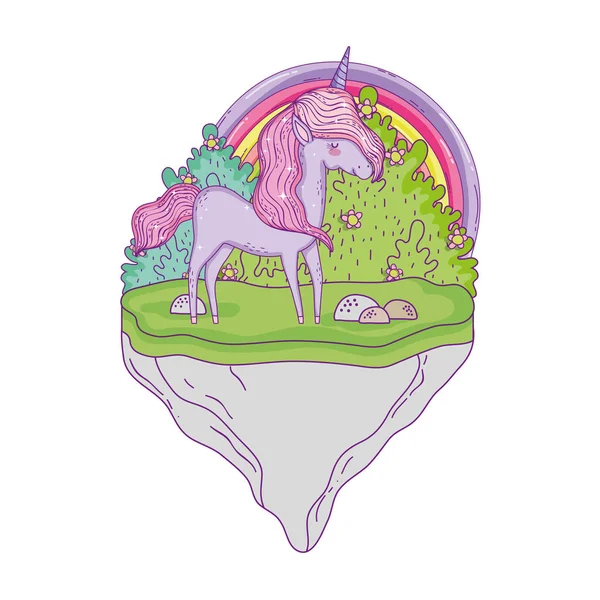 Hermoso unicornio con arco iris en el paisaje — Vector de stock