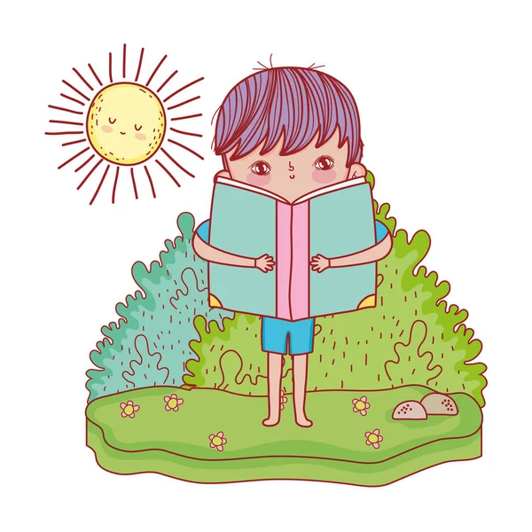 Feliz niño leyendo libro en el paisaje — Archivo Imágenes Vectoriales
