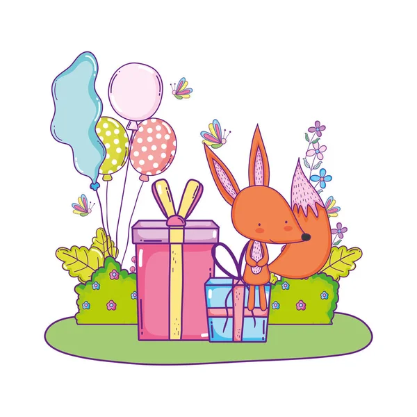 stock vector cute and little fox with balloons helium in the landscape