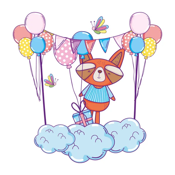 Lindo y pequeño mapache con globos y regalos — Vector de stock