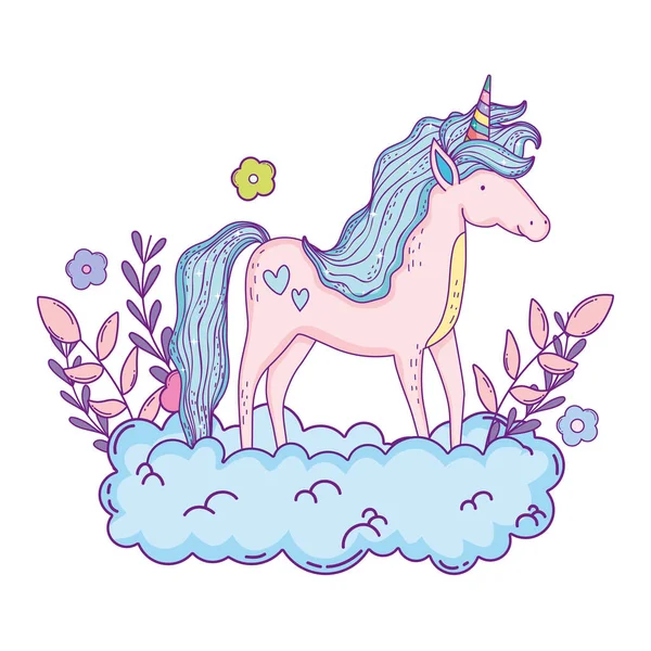 Beautiful little unicorn in the clouds — Stock Vector