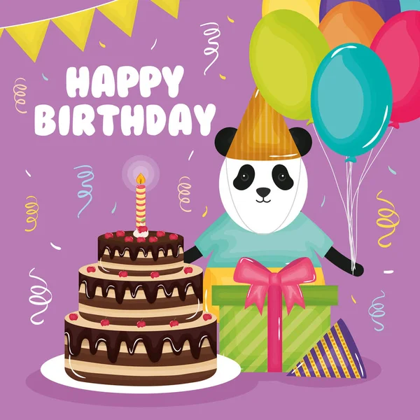 Щаслива листівка на день народження з ведмедем пандою та тортами — стоковий вектор