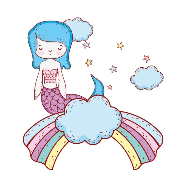 Linda sirena con nubes y arco iris — Vector de stock