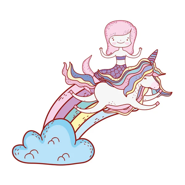 Meerjungfrau mit Einhorn und Regenbogen in Wolken — Stockvektor