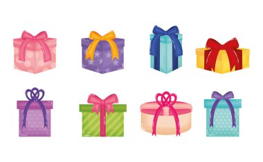 hediyeler kutuları seti renkleri ve formları sunar