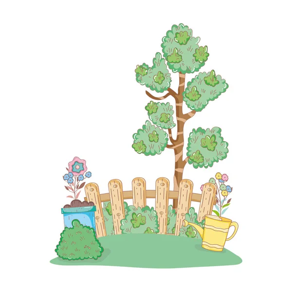 Träd växt med trädgård och sprinkler — Stock vektor