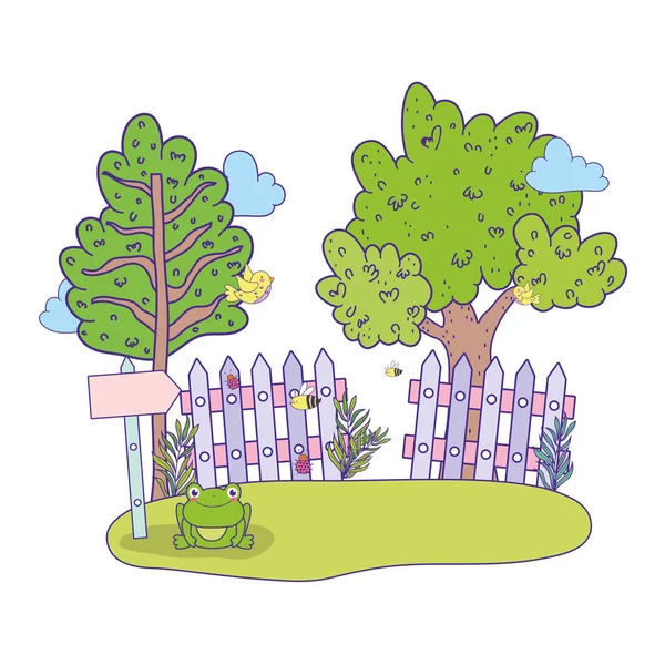 Guide flèche mignon en bois avec arbre dans le paysage — Image vectorielle