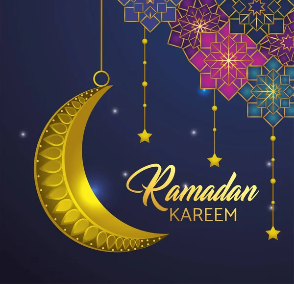Estrellas con luna colgando a ramadán kareem — Vector de stock