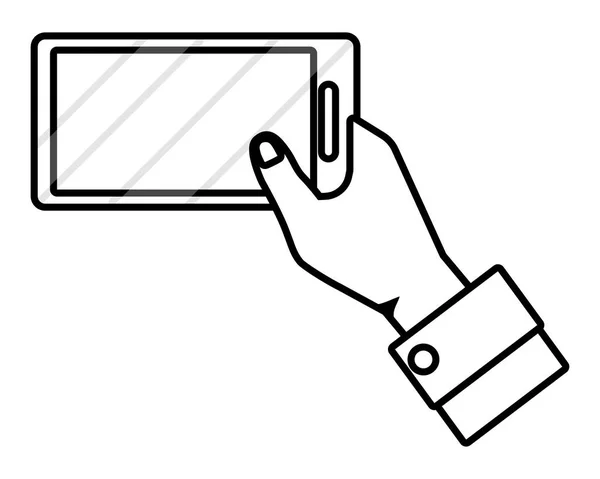 Main tenant smartphone tech noir et blanc — Image vectorielle