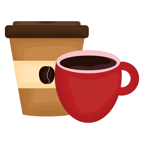 Delizioso caffè in tazza e contenitore di plastica — Vettoriale Stock