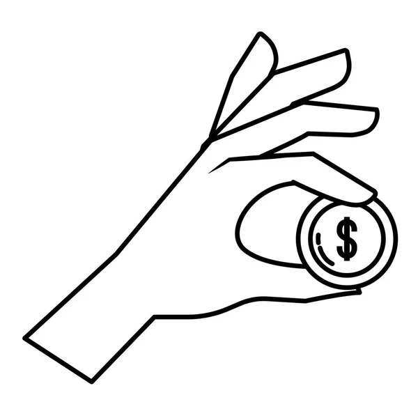 Mão segurando moeda moeda isolada preto e branco — Vetor de Stock