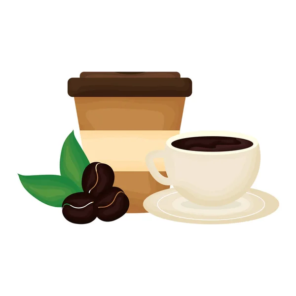Köstlicher Kaffee in Tasse und Plastikbehälter — Stockvektor