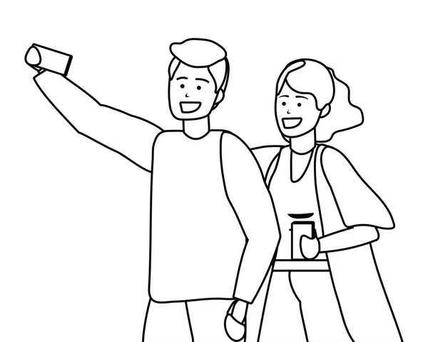 Millennial pareja smartphone tomando selfie en blanco y negro — Archivo Imágenes Vectoriales