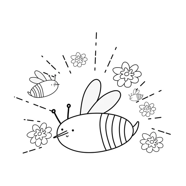 Χαριτωμένο και μικρές μέλισσες με λουλούδια κήπο — Διανυσματικό Αρχείο